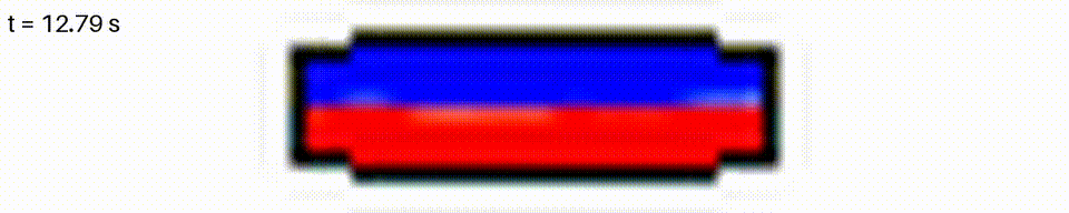 Lab-frame volume-fraction animation from a real fidelity-5 run: the bag itself rocking back and forth, with the liquid (red) sloshing inside it, against a fixed camera.